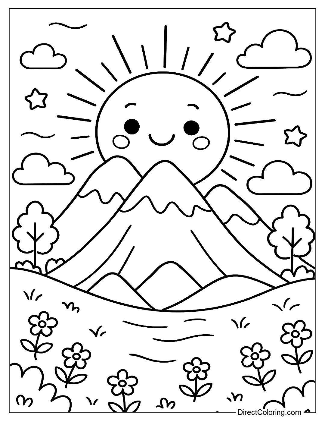 coloring page of the Sun peeking out from behind the mountains, simple scenery easy to color